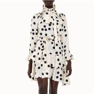 NWT ZIMMERMANN Confetti Tie Neck Mini Dress in Cream / Black Confetti Polka Dots